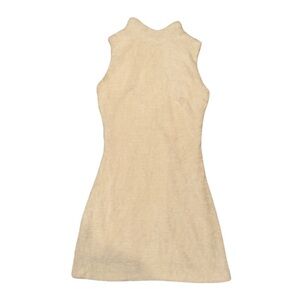 Express Faux Fur Mini Dress – High Neck Lace-Up Back Cream Y2K Style
